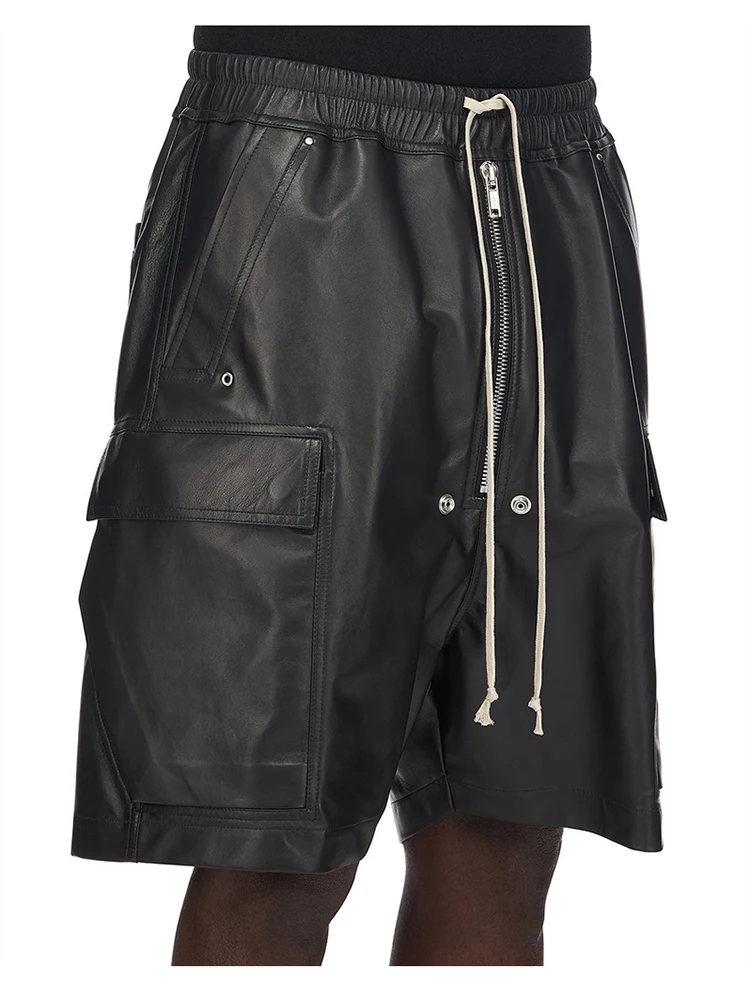 Mauroicardi Summer Cool Handsome Casual Soft Black Pu Leather Straight Shorts for Men Elastic Waist Drawstring Clothes 2023
