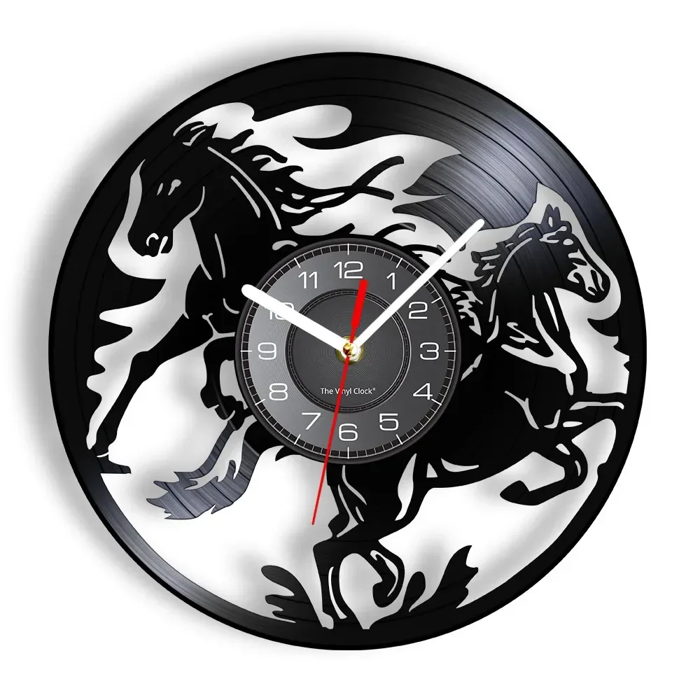 Nature Black Running Horses Equine Wall Art Wild Horses Clock Vintage Vinyl Record Wall Clock Horse Lover Home Decor Accessories