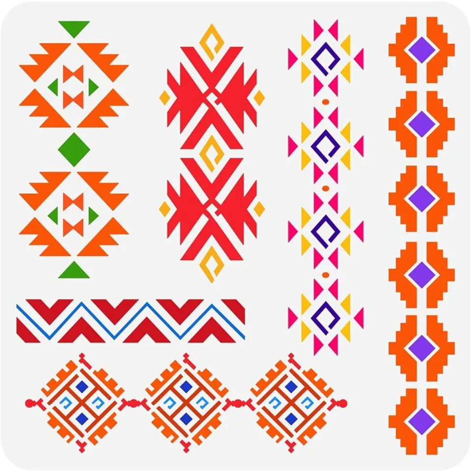 Aztec Tribal Stencil 11.8X11.8 Inch Zuidwestelijke Grenzen Tekenen  Schilderij Stencils Plastic 6 Stijlen Boho Randen Patroon Stencil -  AliExpress, image size:960x960