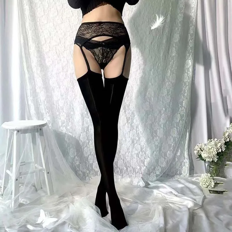 Thigh High Garter Women's Shiny Thigh High Stockings With Lace Top & Garter  Belt
