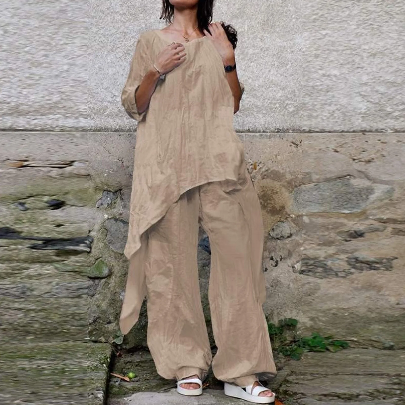 

Summer 2023 Women's Casual 2 Piece Set Round Neck Half Sleeve Top Wide Leg Pants Suit Female Fashion Simple Loose Ladies Suits