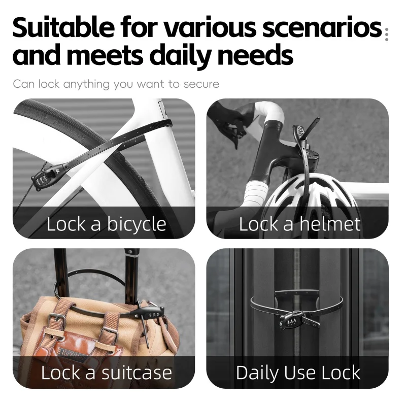 WEST BIKING Portable Bicycle Lock Cable Tie Zinc Alloy Password Lock Anti-Theft Bike Helmet Lock Freely Adjustable Rope Lock