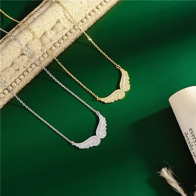 

S925 Sterling Silver Cubic Zirconia Angel Wings Pendant Necklaces Women Sterling Silver 925 Clavicle Chain Necklaces Jewelry