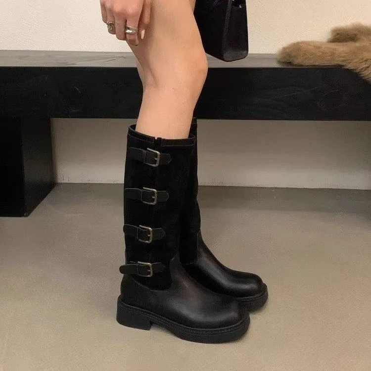 Thick High Heels Women Mid Calf Boots 2024 Hot Punk Gothic Knee High Motorcycles Boots Buckle Comfy Walking Boots Autumn Winter