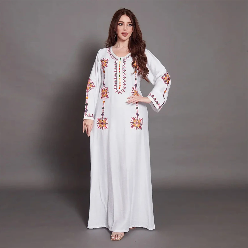 Muslim Women's Swirl Embroidered Maxi Dress - 70164 Ecru
