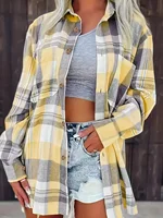 Women Plus Size Fashion Plaid Printed Shirt Casual Loose Long Sleeved Shirt  Lapel Design Shirt Tops - Image 2
