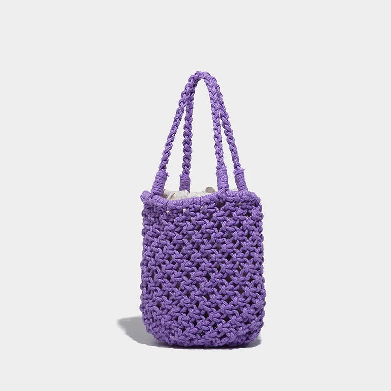 

Cotton Thread Crochet Bags for Women 2023 Fashion Designer Purses and Handbags Ladies Solid Color Handwoven Beach Top Handle Bag