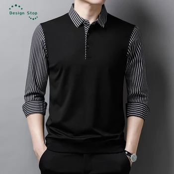 남성용 스트라이프 단추 칼라 상의, 긴팔 폴로 셔츠, 새로운 패션