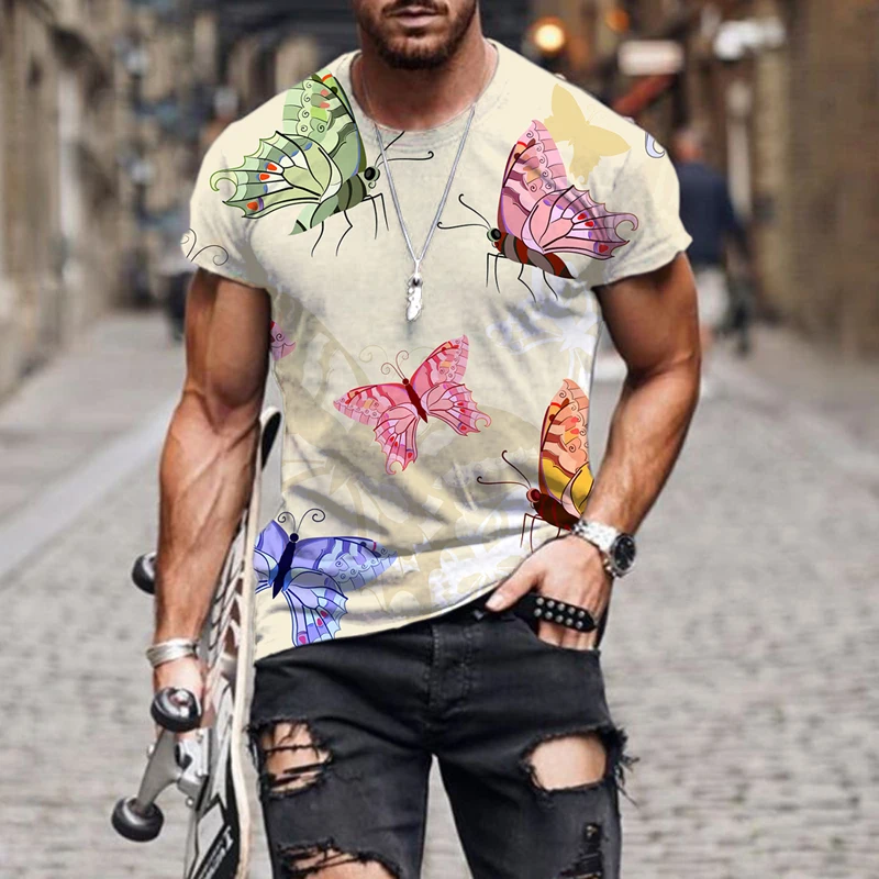 

Men's T-shirt O-Neck Exquisite Butterfly Pattern Funny Fashion Hip Hop Casual Tees Short Sleeve Clothes Style Male Tops Loose