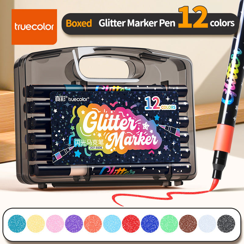  Truecolor ZCF-6606 Flat Box Glitter Marker Pens 12 Colors Scrapbooking Graffiti Essential Student Art Special Use 