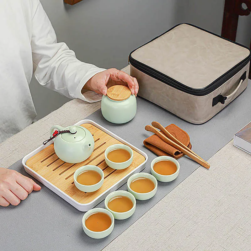 Traditional Chinese Enamel Tea Set Portable Ceramic Tea With 1 Teapot 6 Cup Tray Bag Lazy Susan Teaware Gift For Enthusiasts