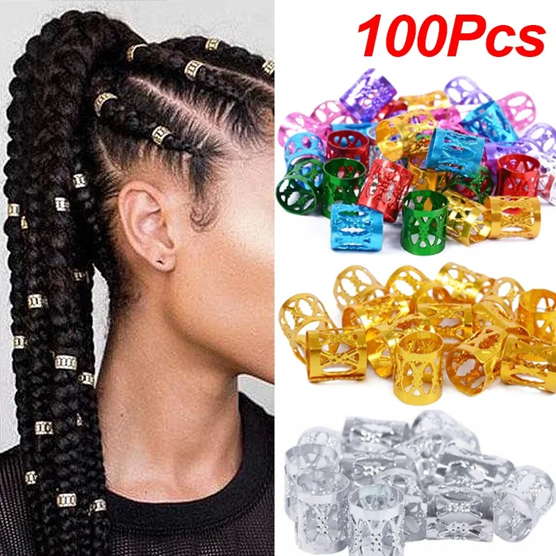 

100pcs Gold And Silver Dreadlock Hair Rings Adjustable Cuff Clip Hair Braids Dirty Braids Beads Hairpin Jewelry Hair Accessories