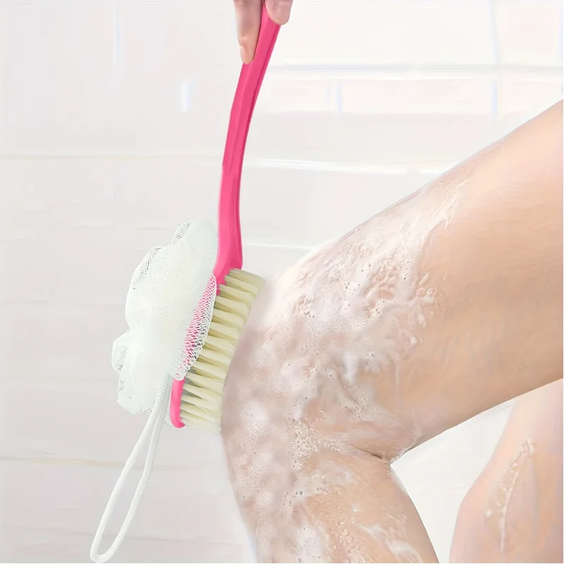 1 soft loofah brush and bristle bath body brush with curved long handle - odorless, manual exfoliating scrub suitable for full 3