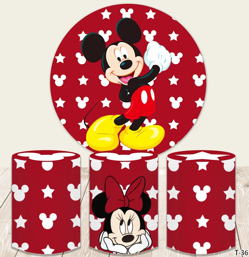 

Disney Cartoon Mickey Mouse Red Theme Background Round Circle Kids Birthday Party Baby Shower Decor Customized Cylinder Backdrop