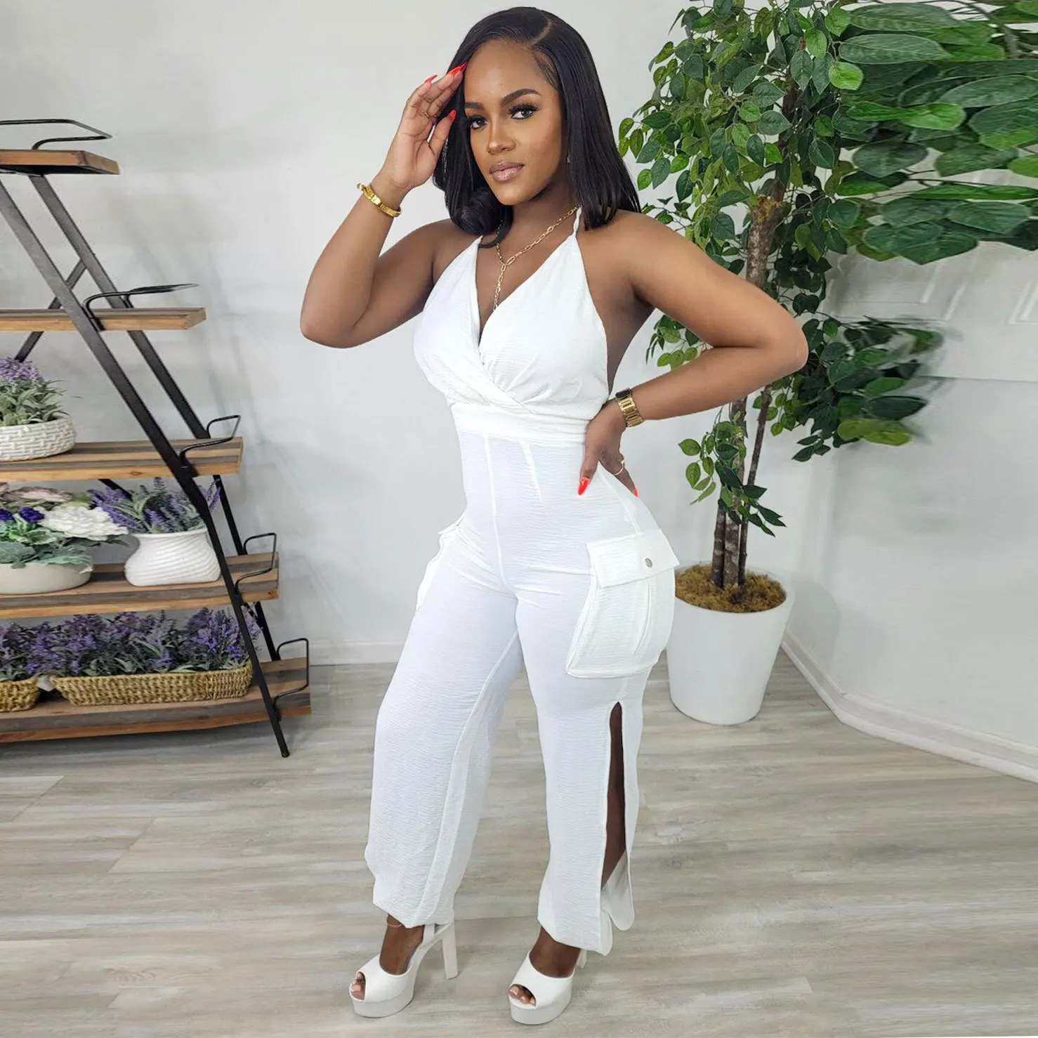 

2023 Streetwear Halter Tight Slim Sexy Backless Jumpsuit Fashion Women Side Pocket Sleeveless Wrap V-neck Tie Up Halter Jumpsuit