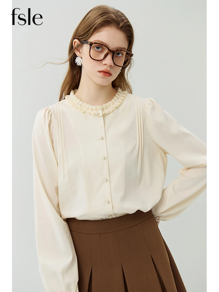 

FSLE Pastoral Style Commuter Sense All-match Long-sleeved Shirt for Women 2023 Autumn New Lace Round Neck Top Shirt Female