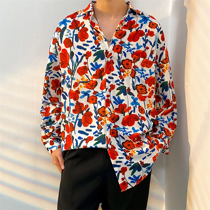 

Spring Autumn Men's Long Sleeve Vintage Floral Shirt Hawaii Loose Fitting Handsome Street Dance Shirt