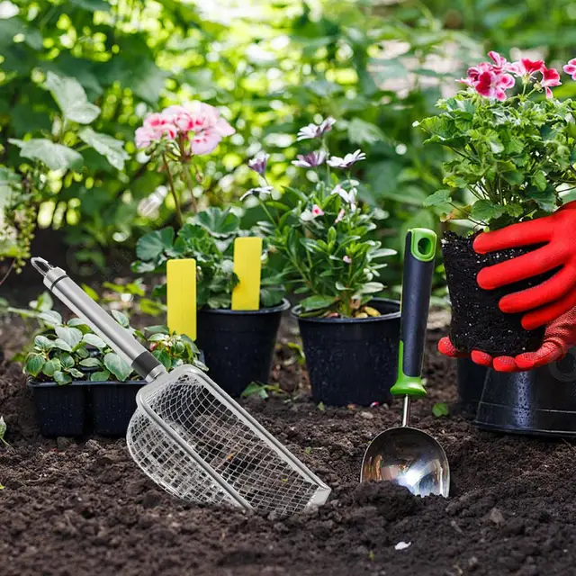 Garden Soil Sifter Collecting Tool, Sand Sifter Shovel, Gardening Sand Dirt SifterShovel, Stainless Steel Soil Sieve, Gardening SoilSifter, Mesh Potting Scoop, Ergonomic Farm Shovel