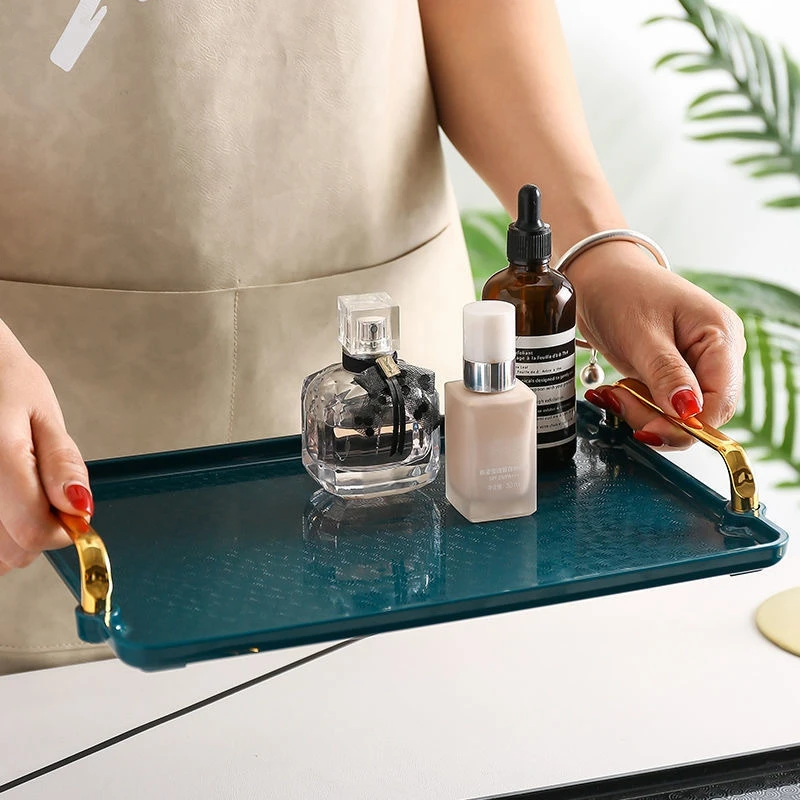 Storage tray Luxurious Rectangular Storage Tray Plastic Serving Tray with Handle Fruit Snacks Dessert Dinner Plate Tea Food Cosmetic Pan