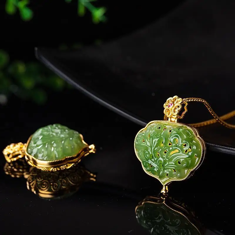 Natural Hetian Jade Hollow Carved Jasper Filigree Perfume Bag Pendant Gold Inlaid with Jade Heart-Shaped