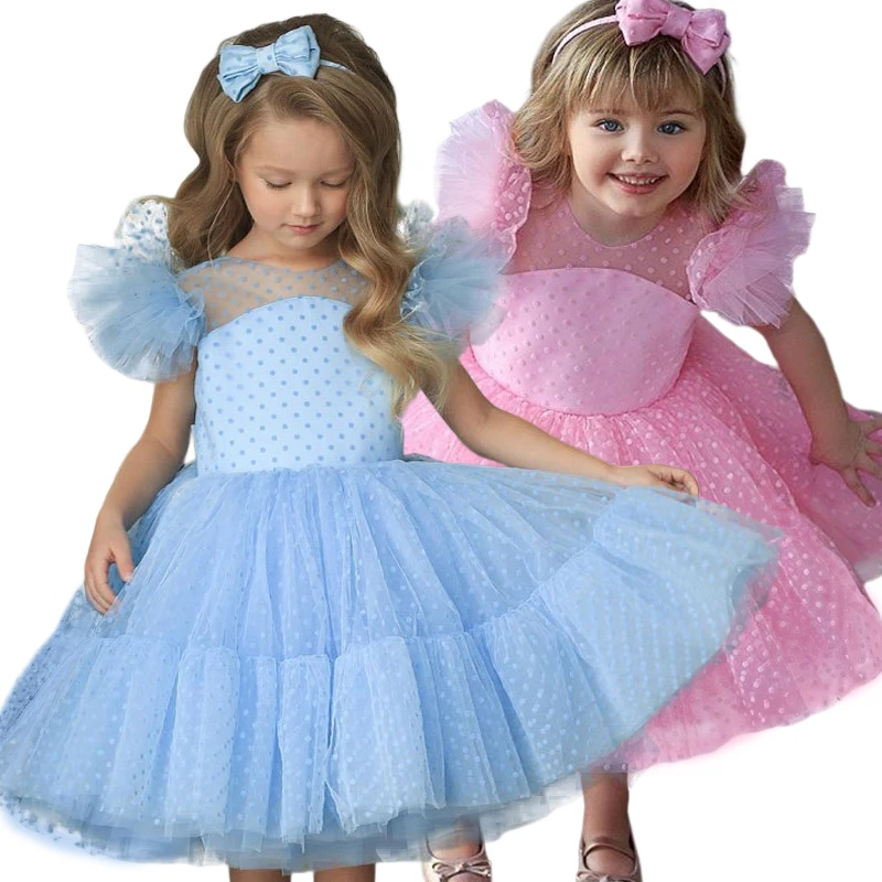 

Summer Tired Tulle Dress for Weddings Blue Kids Princsess First Communion Gowns Pink Party Pageant Dress For 3-14 Year Girls