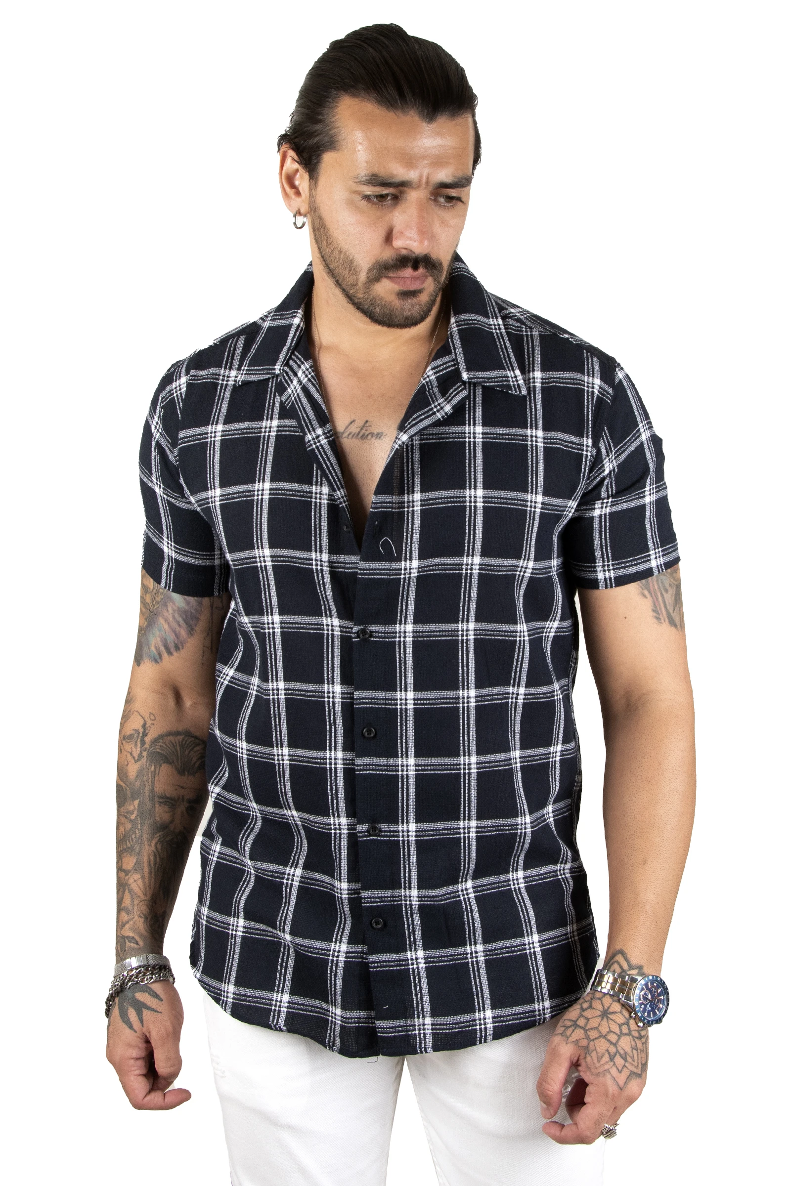 DeepSEA Plaid Patterned Tight Fit Short Sleeve Raw Linen Men Shirt 2201924