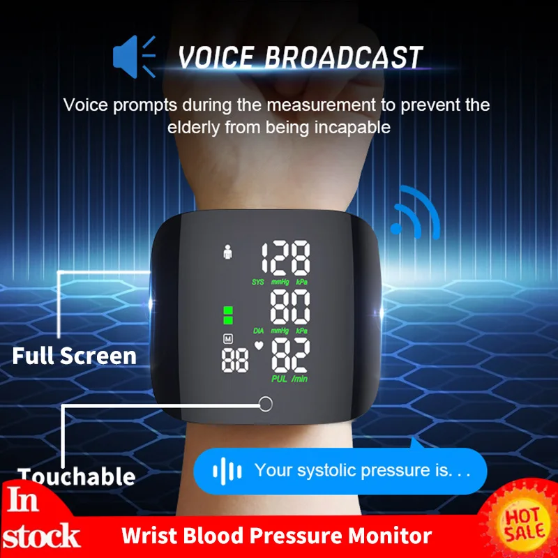 Blood Pressure Monitor Blood Pressure Meter Smart Touch LCD Screen Wrist Blood Pressure Monitor Digital Voice Chargeable Automatic Tonometer Heart Rate Sphygmomanometer