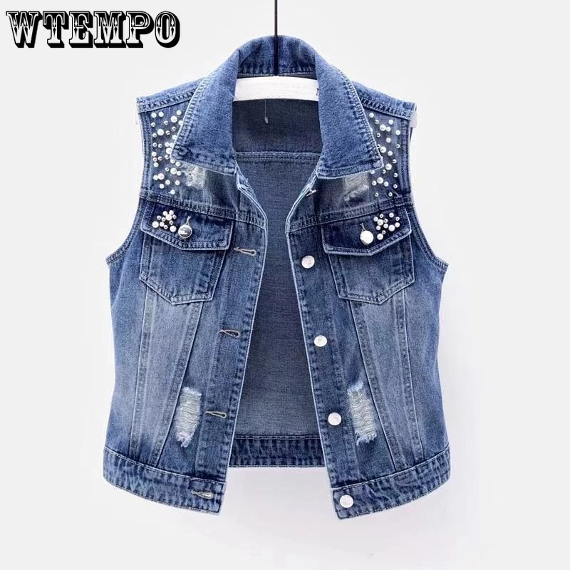 

Denim Vest Women's Short Perforated Beaded Sleeveless Jacket Versatile Slim Fit Top
