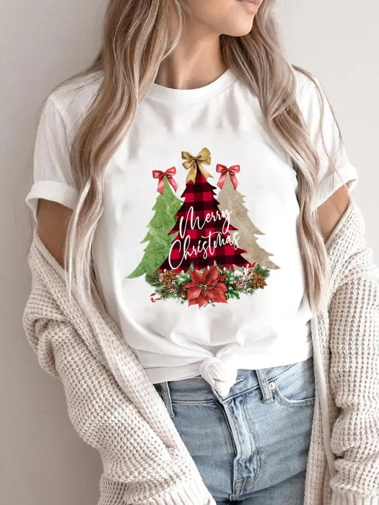 

Tree Lovely Style Cute Merry Christmas Women Holiday Shirt Clothing Print T Top Graphic Tee Fashion Female New Year T-shirts
