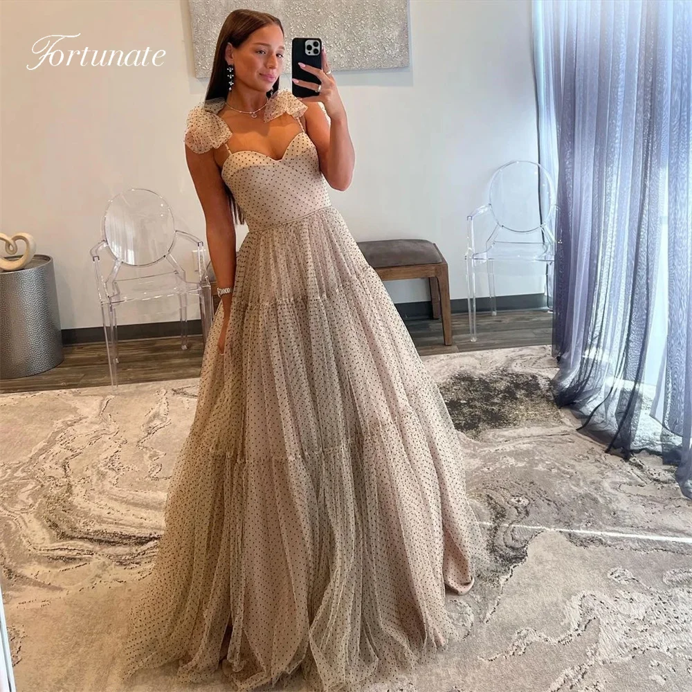 

Fortunate трапециевидные тюлевые длинные платья в горошек для выпускного вечера на тонких бретельках с бантом в пол без рукавов с вырезом сердечком на заказ