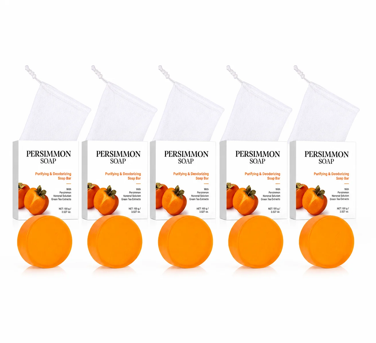 5PCS Persimmon Deodorizing Soap Bars with Foaming Bags, Deep Cleansing Body Soap with Shea Butter, Fresh Skin Care for Shower &