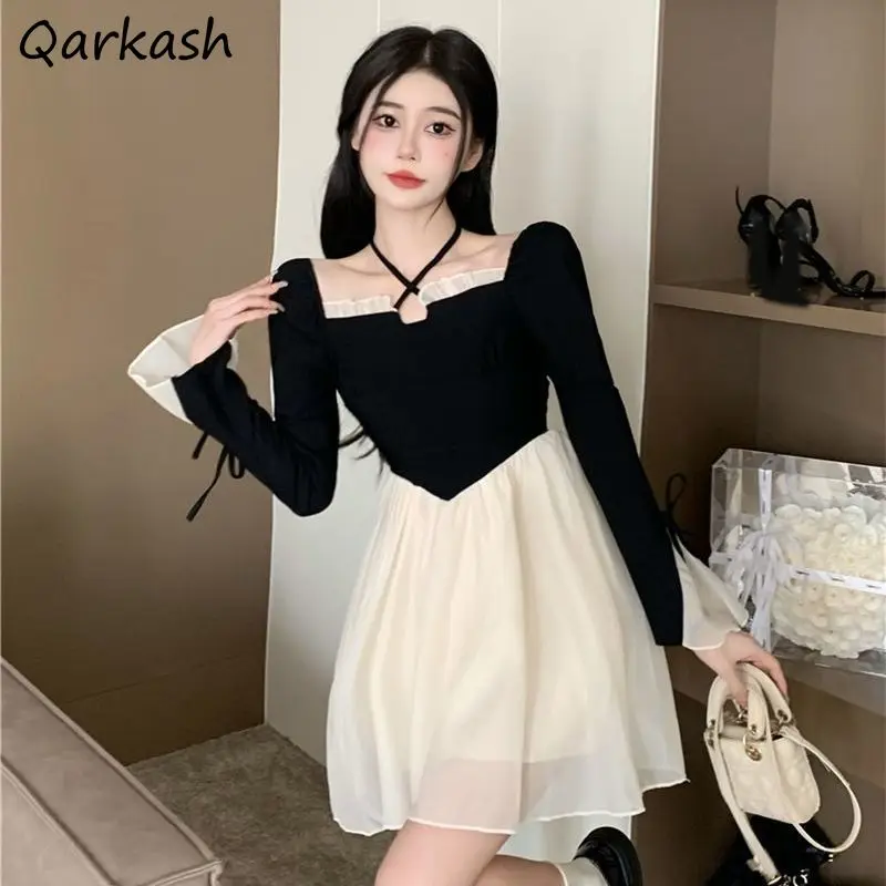 

Dresses Women Patchwork Fashion Korean Style Streetwear Mesh Long Sleeve New Autumn Elegant Loose A-line All-match Leisure Chic