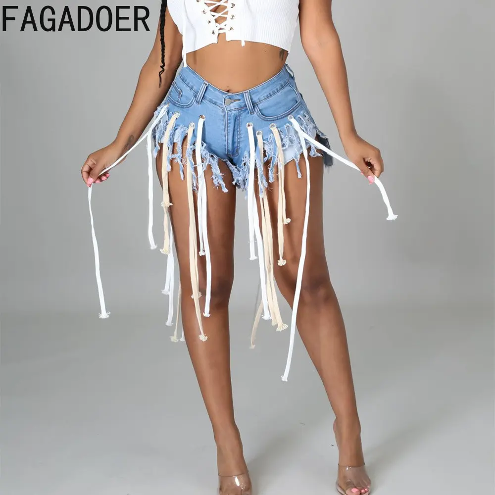 FAGADOER Fashion Streetwear Women Tassels Design Denim Shorts Female High Waist Button Zipper Cowboy Shorts Casual Bottoms Blue