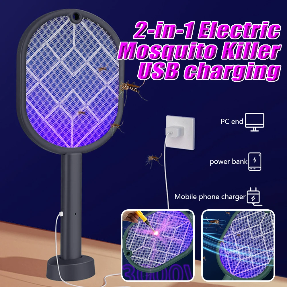 2-in-1 ไฟฟ้ายุง Killer ในครัวเรือนยุงแร็กเก็ตสีม่วง Killer โคมไฟ USB ชาร์จ Bug Fly Swatter 1