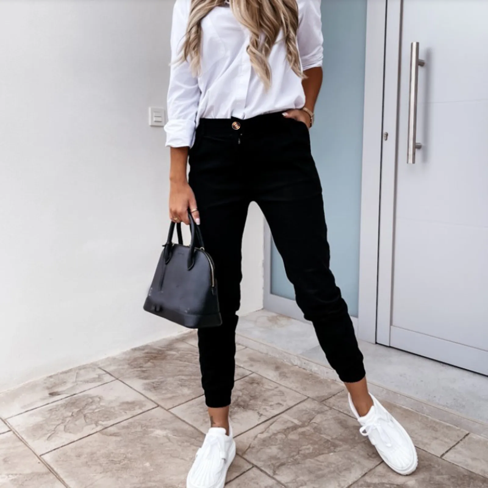 

Women Black Chic Fashion Office Wear Straight Pants Vintage High Waist Zipper Fly Female Trousers Button Cropped Women Pants