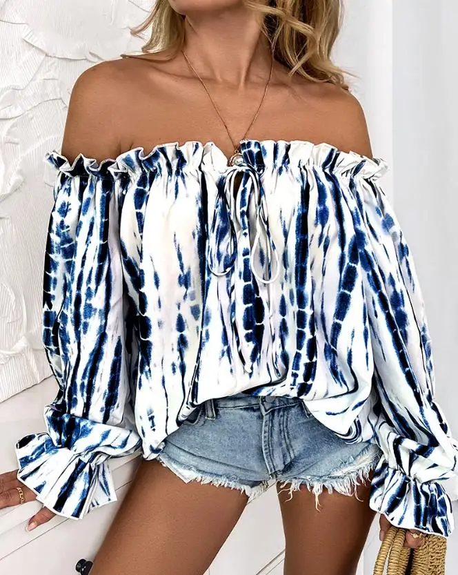 

Women T-Shirts Pullover 2023 Casual Summer Tie Dye Print Off Shoulder Lantern Sleeve Top Frill Hem Clothing New Short Sleeve