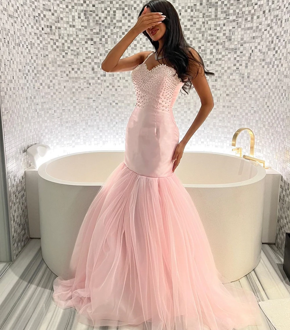 

OEING Spaghetti Straps Beading Formal Evening Dresses Pink Sleeveless فساتين سهرة Tulle Prom Gowns Mermaid Party Women