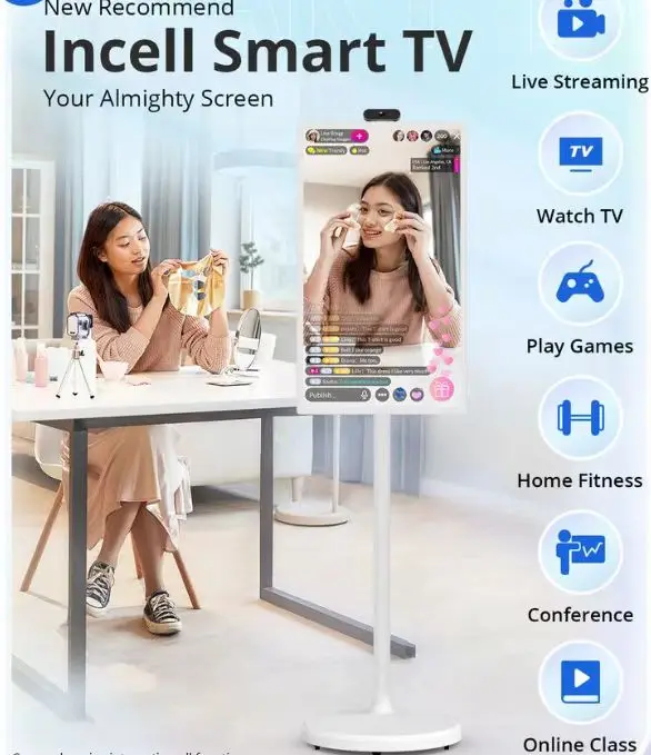 충전식 휴대용 TV LCD 모니터, 내장 카메라, 블루투스 원격 옵션, 21.5 인치 스탠드