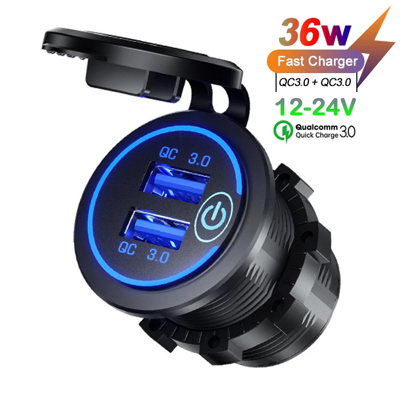 Автомобильное зарядное устройство Kewig, 12 В/24 В, 36 Вт, двойной USB разъем для быстрой зарядки, 3.0, водонепроницаемая розетка для быстрой зарядки USB, электрическая розетка с сенсорным выключателем