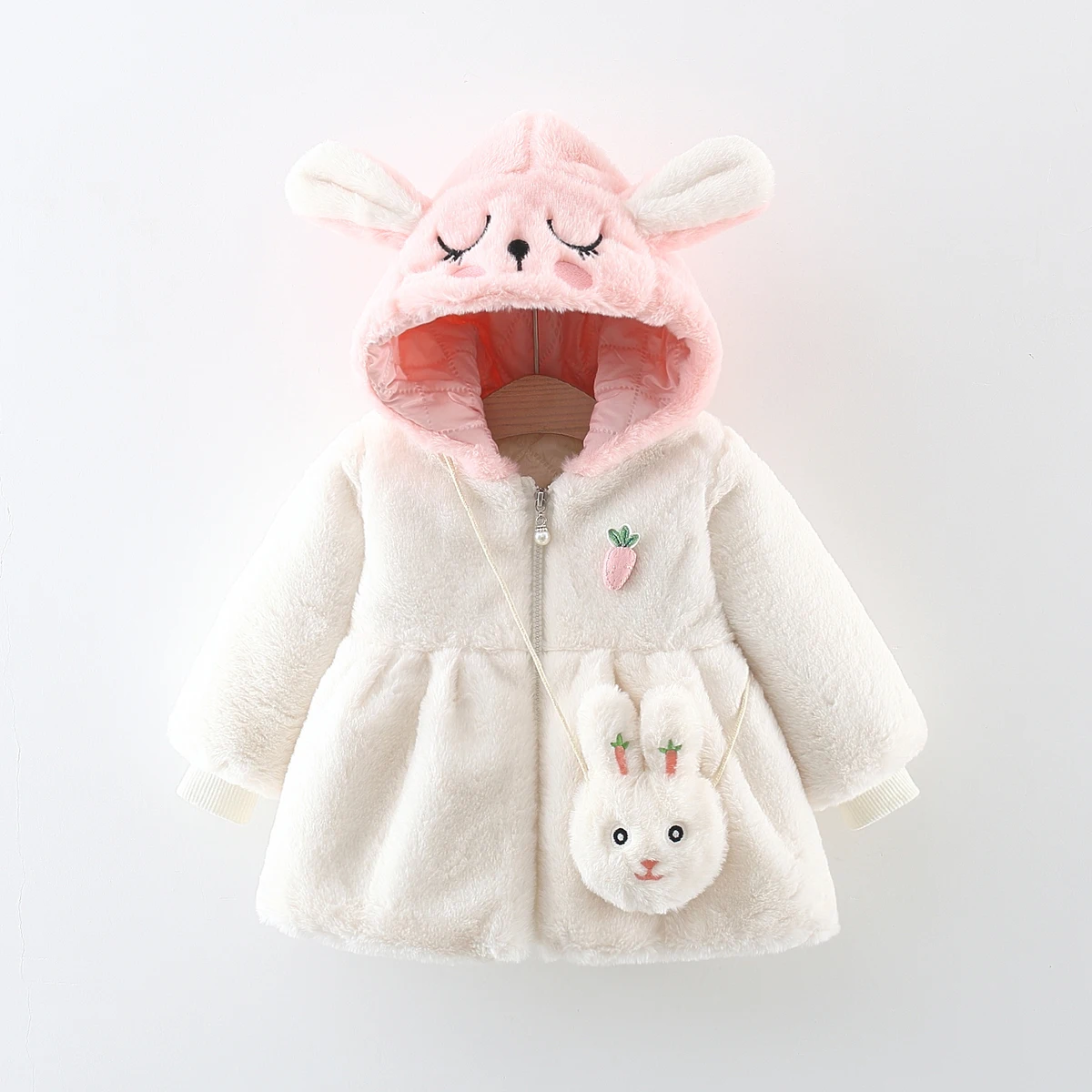 Winter Girls' Thickened Coat Plush Hooded Newborn Baby Jacket Rabbit Embroidered Baby Girl Cotton Coat Delivery Of Bags