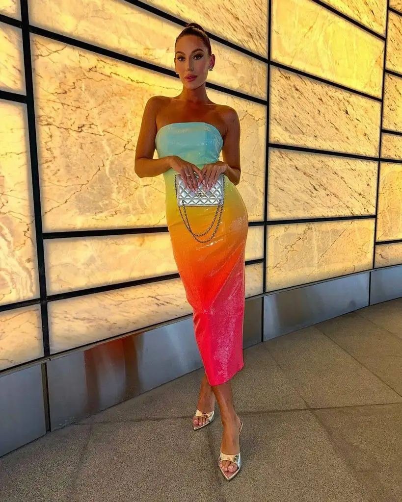 

2023 New Arrival Colorful Sequins Bodycon Strapless Mid Calf Dress Fashion Woman Evening Party Outfit Summer Vocation Vestido