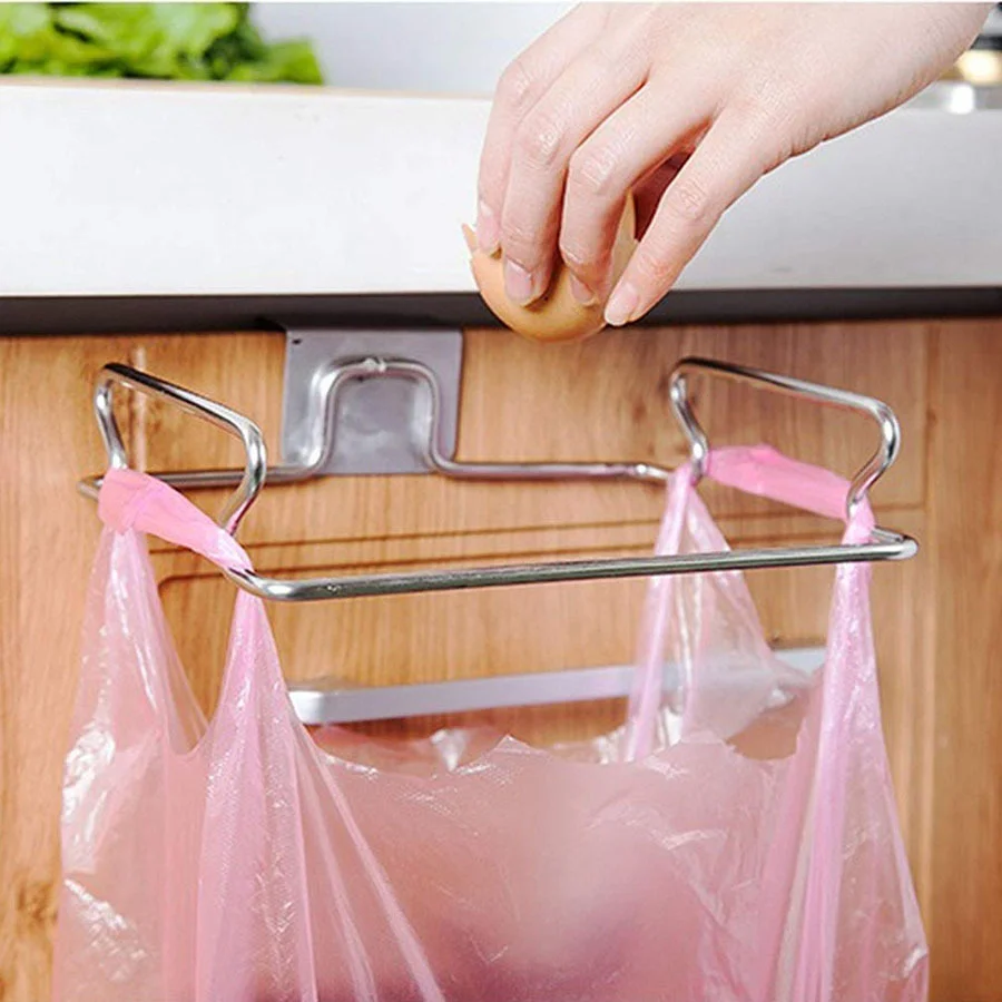 Kitchen trash bag rack cabinet door garbage bags holder stainless steel garbage rack with hanging bracket kitchen gadgets