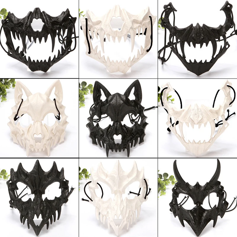 Party Skull Mask Denti Lunghi Demon Skeleton Half Face Mask Plastic Dragon God Tiger Mask Cosplay Halloween Costume Puntelli
