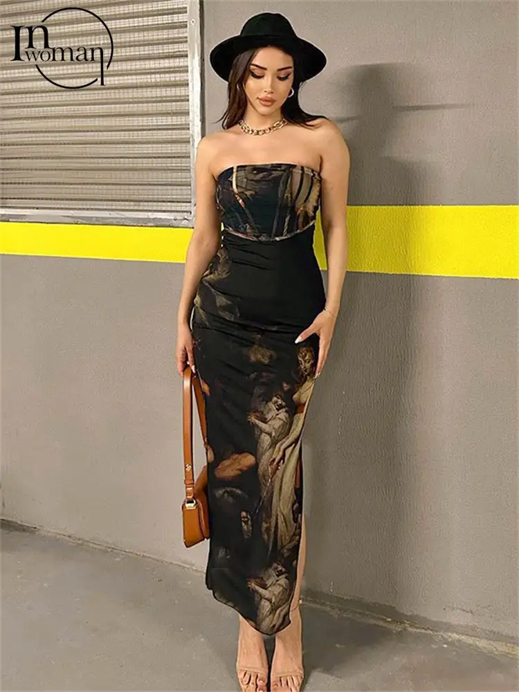 

Inwoman Black Sleeveless Bodycon Split Long Dress Party Club Outfits For Women 2023 Autumn Strapless Print Maxi Sexy Booty Dress