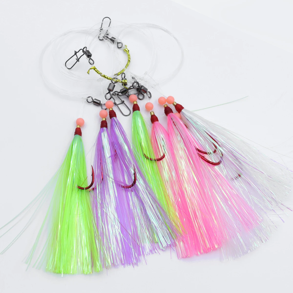 ZYZHE 1 Stück Salzwasser-Angelrig mit 3/0 # 5/0 # Doppelte rote Oktopus-Haken, farbige Seiden-Surf-Angelhaken, Flunder-Rigs