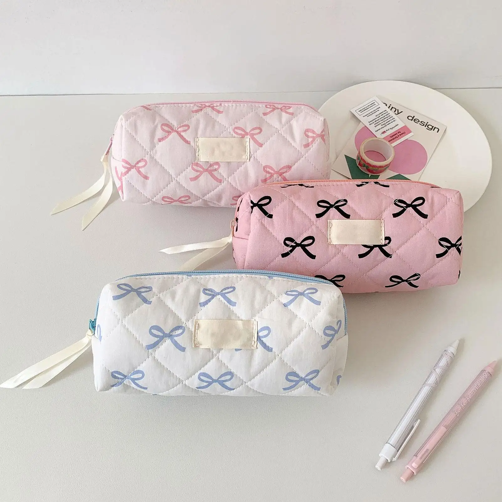 Small Fresh Bow Pencil Bag Pen Case Organizer Aesthetic Cosmetics Holder Organizer Multifunctional Stationery Storage Bag