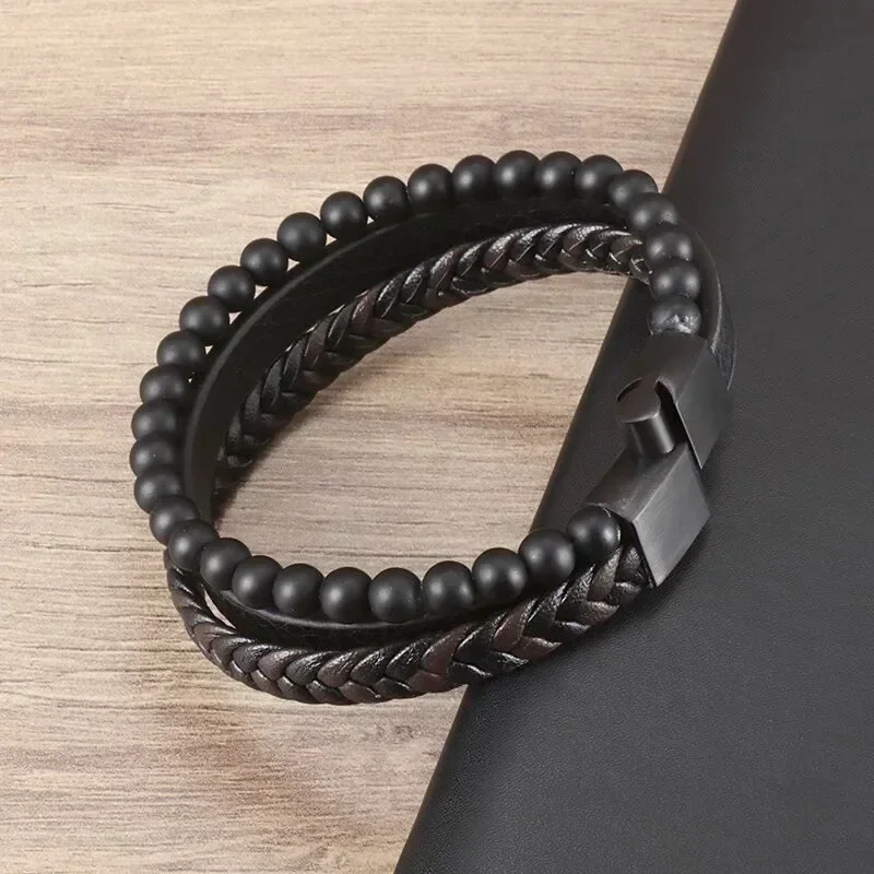 Vintage Punk Hand Woven Three Layer Leather Black Beaded Bracelet Magnetic Bracelet Clasp Men\'s Charm Business Event Jewelry 2