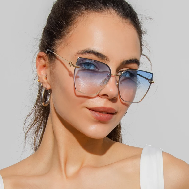 Retro Cat Eye Sonnenbrille Frauen Marke Designer Mode Randlose Gradienten Sonnenbrille Shades Schneiden Objektiv Damen Rahmenlose Brillen – Detail 5