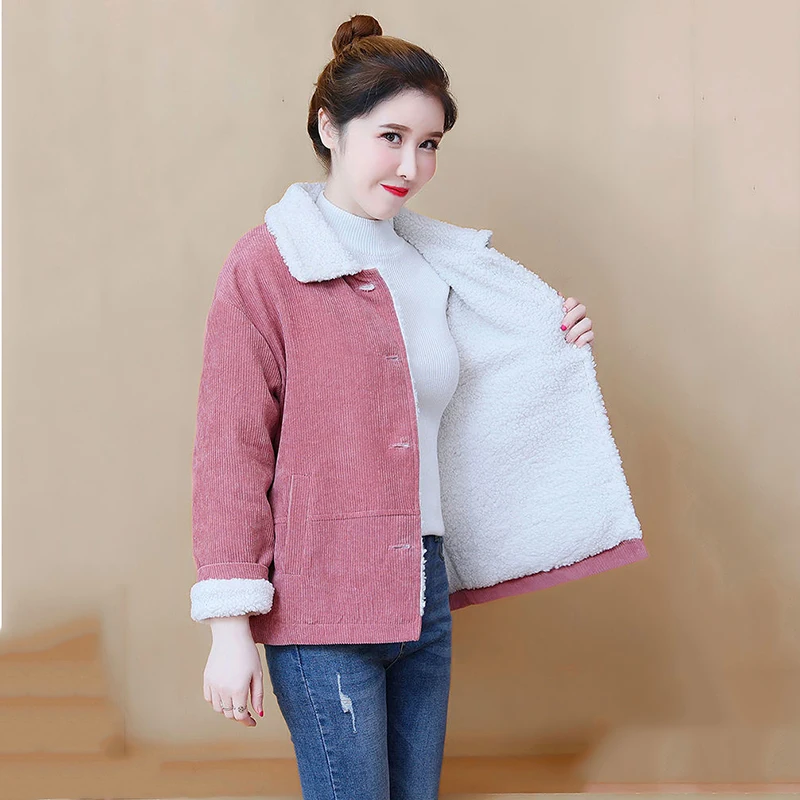 

2023 New Autumn Winter Lamb Wool Thicken Warm Corduroy Women Jacket Fashion Short Single Breasted Pocket Basic Coats Female Tops