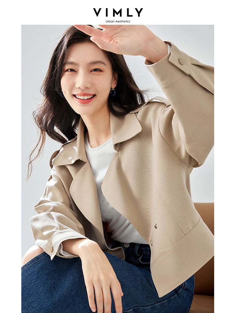 Vimly Khaki Cropped Trench Coat Autumn Lapel Long Sleeve Women's Jacket 2023 Fall New Straight Office Lady Female Clothing M3891 2023 vintage loose fitting straight cropped demin pants single breasted high waisted wide leg women s jeans